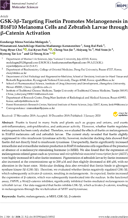 [2020.01. 김기영] GSK-3b-targeting fisetin promotes melanogenesis in B16F10 melanoma cells and zebrafish larvae through b-catenin activation.pdf